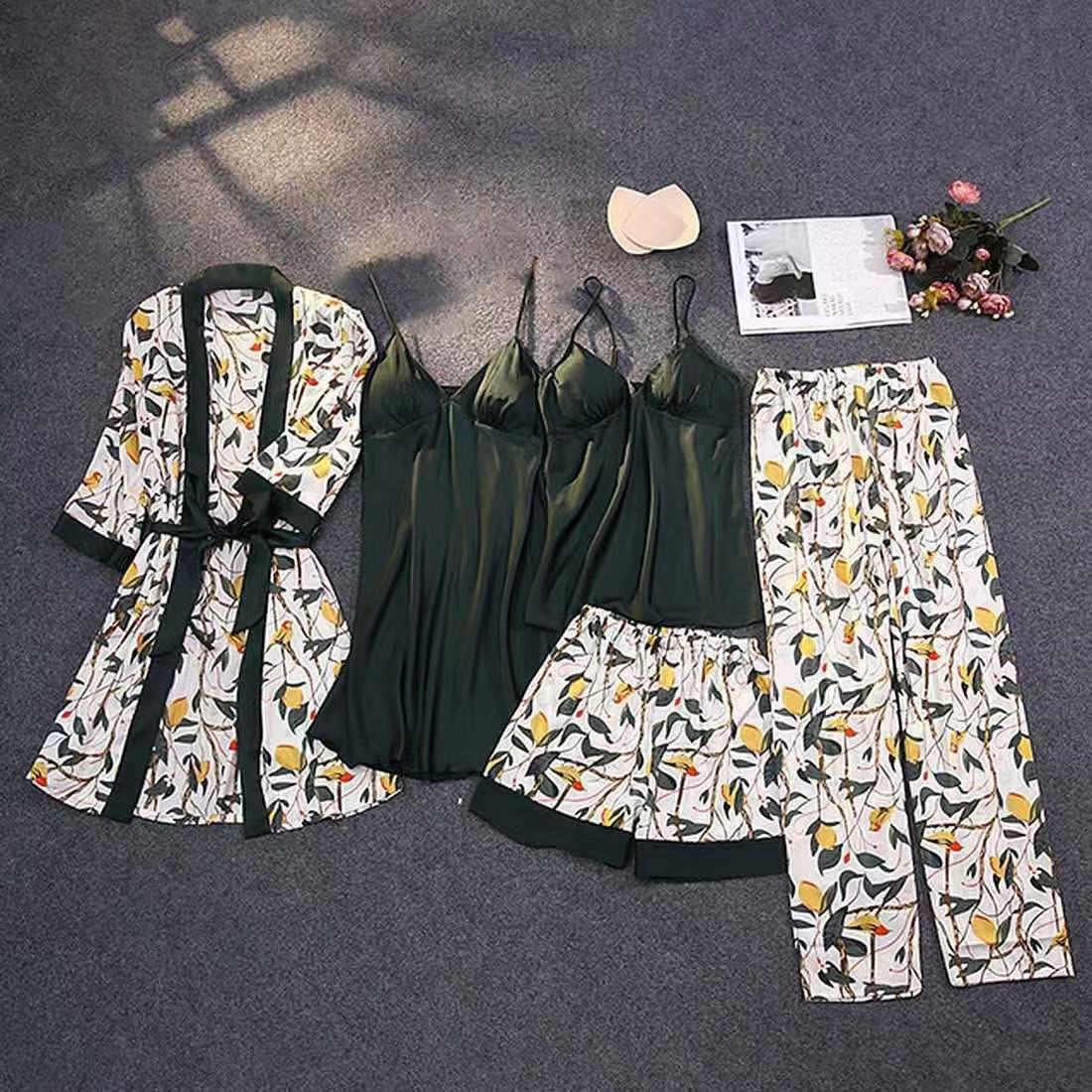 5 - Piece Silk Pyjamas Set for Women | Luxury Sleepwear with Bathrobe - Cynette LivingLoungewears & Pyjamas
