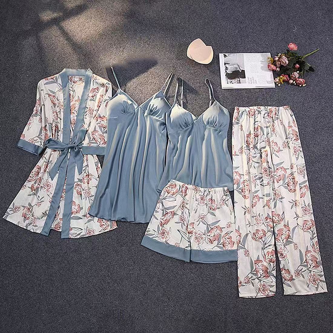 5 - Piece Silk Pyjamas Set for Women | Luxury Sleepwear with Bathrobe - Cynette LivingLoungewears & Pyjamas