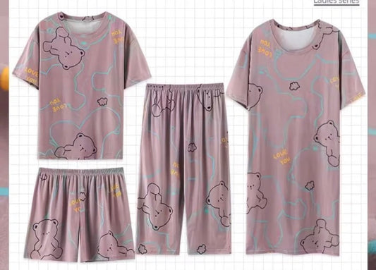 4-Piece Cotton Cartoon Pyjama Set for Women | Cute Soft Loungewear and Sleepwear