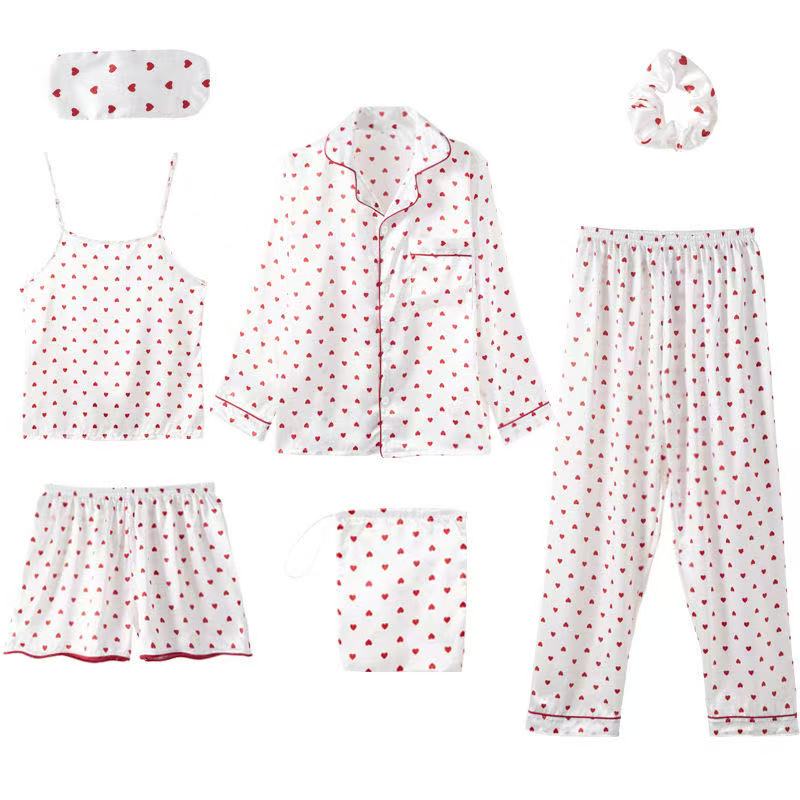 7-Piece Silk Pyjama Set for Women | Satin Sleepwear with Eye Mask and Storage Bag