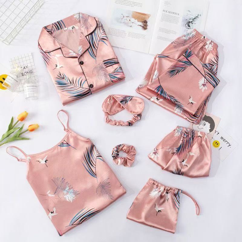 7-Piece Silk Pyjama Set for Women | Satin Sleepwear with Eye Mask and Storage Bag