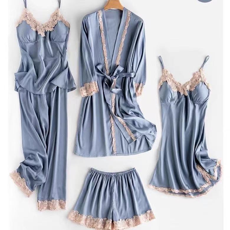 5-Piece Silk Pyjama Set for Women with Bathrobe | Soft Satin Sleepwear Loungewear Set - Cynette LivingLoungewears & Pyjamas