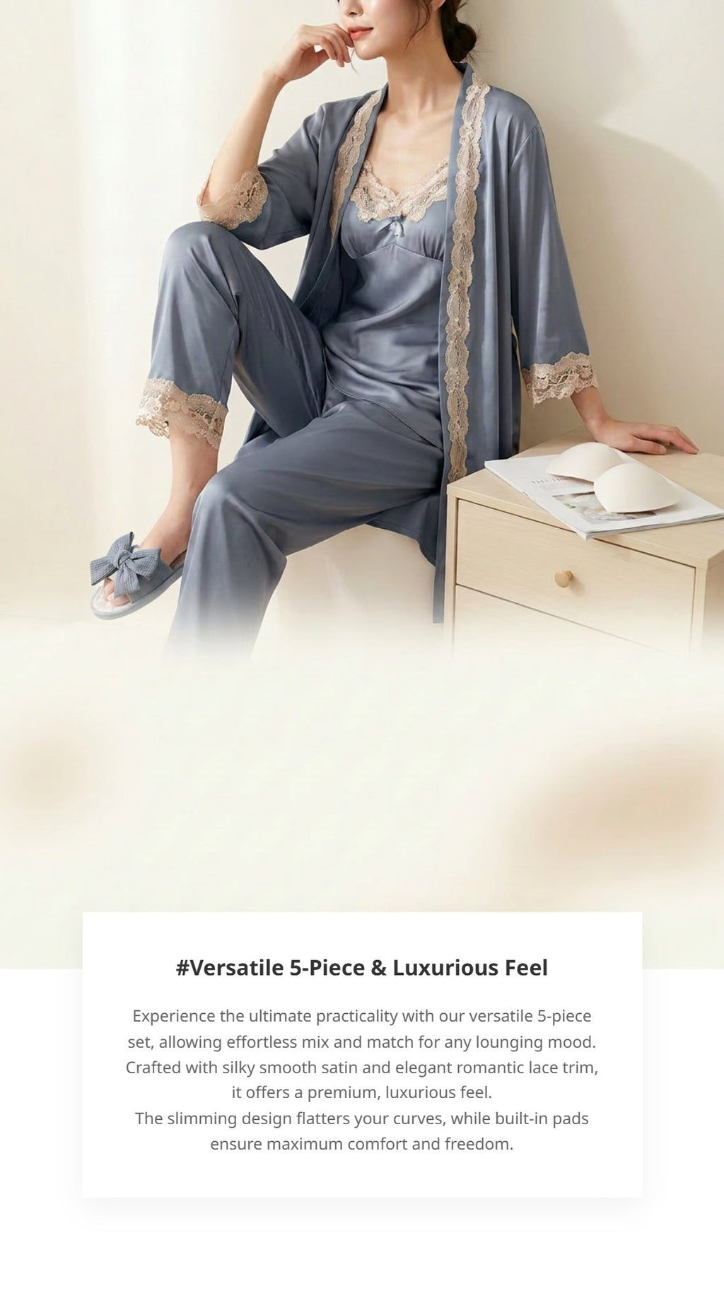 5-Piece Silk Pyjama Set for Women with Bathrobe | Soft Satin Sleepwear Loungewear Set - Cynette LivingLoungewears & Pyjamas