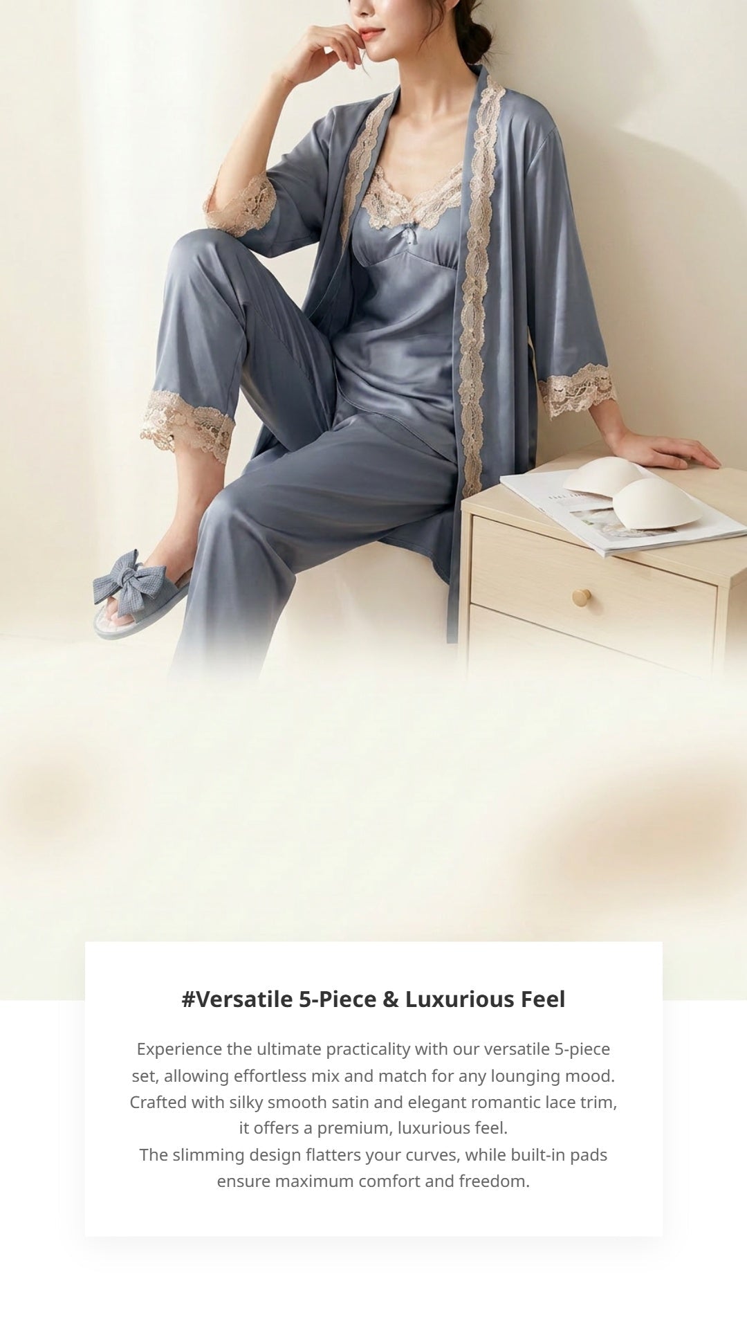 5-Piece Silk Pyjama Set for Women with Bathrobe | Soft Satin Sleepwear Loungewear Set - Cynette LivingLoungewears & Pyjamas