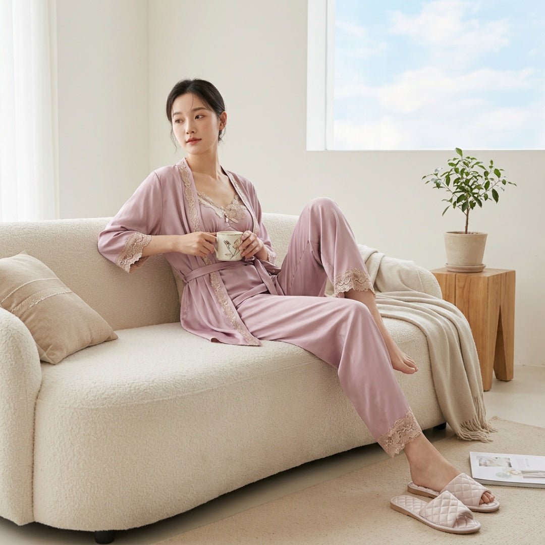 5-Piece Silk Pyjama Set for Women with Bathrobe | Soft Satin Sleepwear Loungewear Set - Cynette LivingLoungewears & Pyjamas