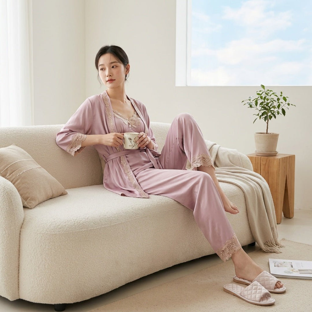 5-Piece Silk Pyjama Set for Women with Bathrobe | Soft Satin Sleepwear Loungewear Set - Cynette LivingLoungewears & Pyjamas