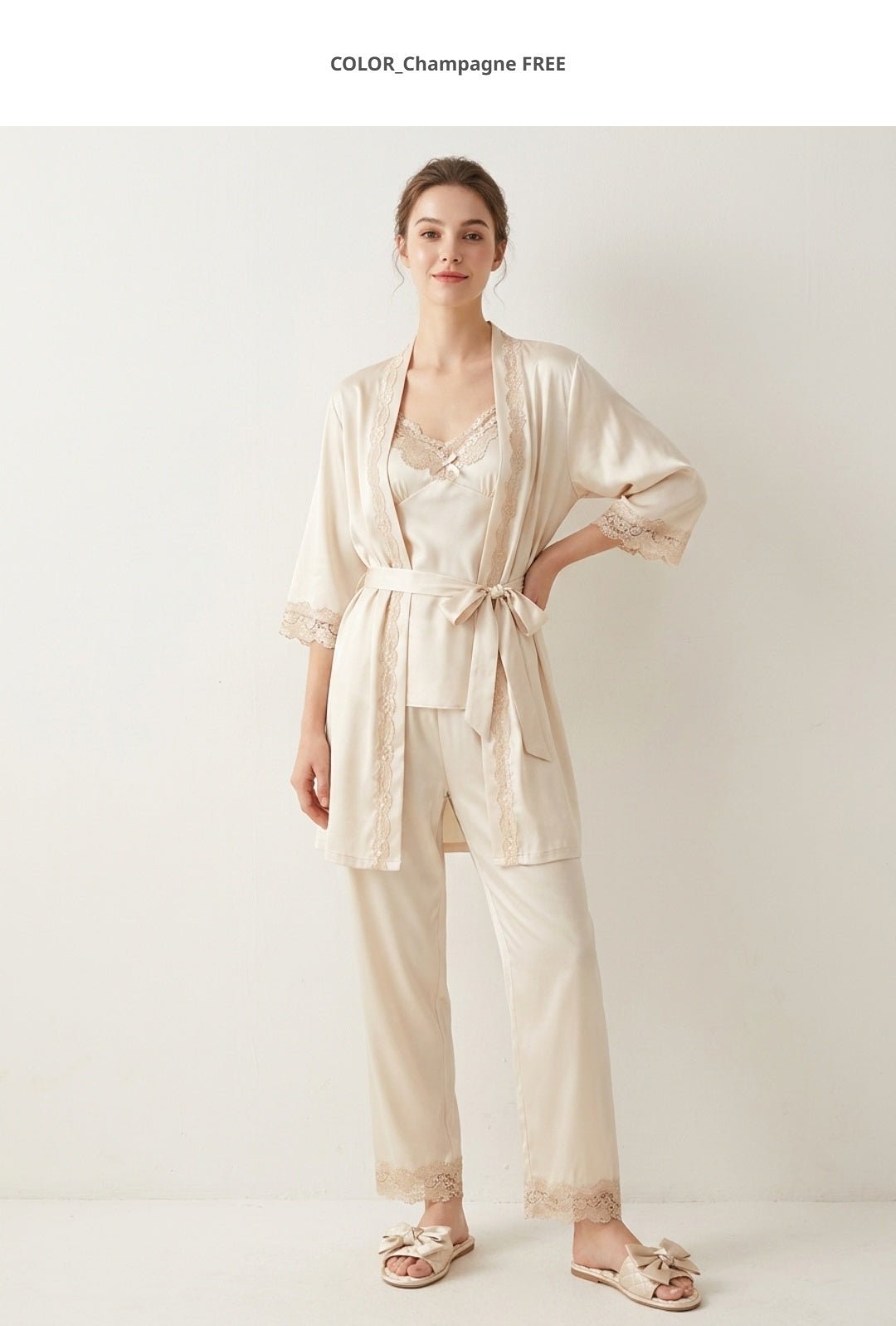 5-Piece Silk Pyjama Set for Women with Bathrobe | Soft Satin Sleepwear Loungewear Set - Cynette LivingLoungewears & Pyjamas