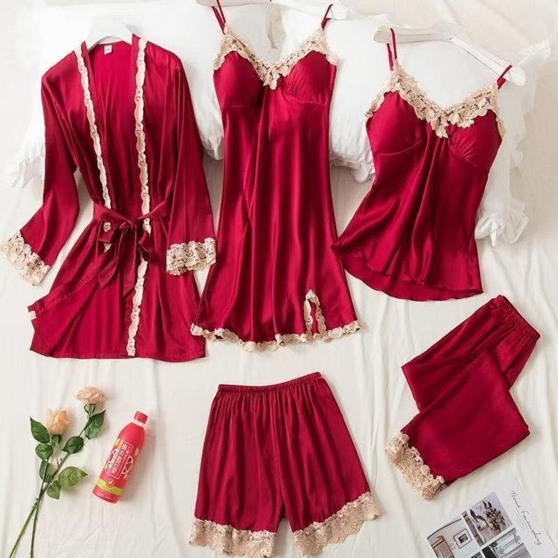 5-Piece Silk Pyjama Set for Women with Bathrobe | Soft Satin Sleepwear Loungewear Set - Cynette LivingLoungewears & Pyjamas