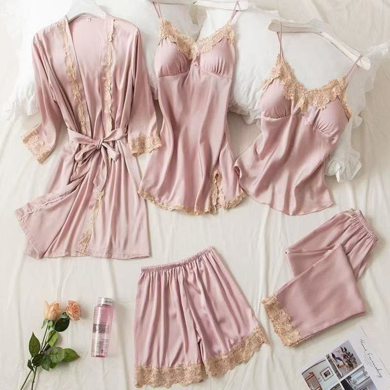 5-Piece Silk Pyjama Set for Women with Bathrobe | Soft Satin Sleepwear Loungewear Set - Cynette LivingLoungewears & Pyjamas