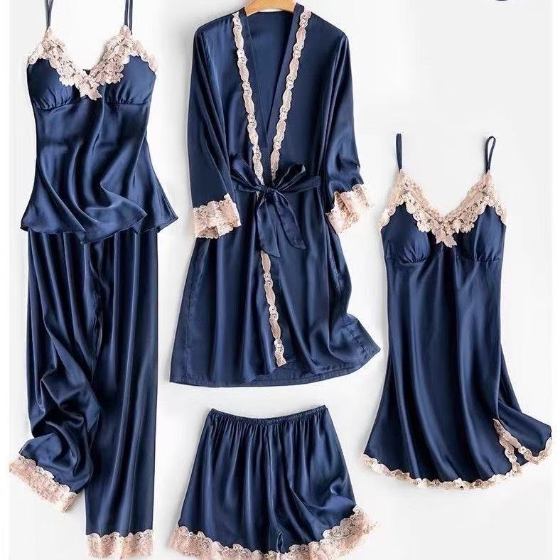 5-Piece Silk Pyjama Set for Women with Bathrobe | Soft Satin Sleepwear Loungewear Set - Cynette LivingLoungewears & Pyjamas