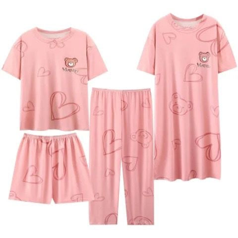 4-Piece Cotton Cartoon Pyjama Set for Women | Cute Soft Loungewear and Sleepwear