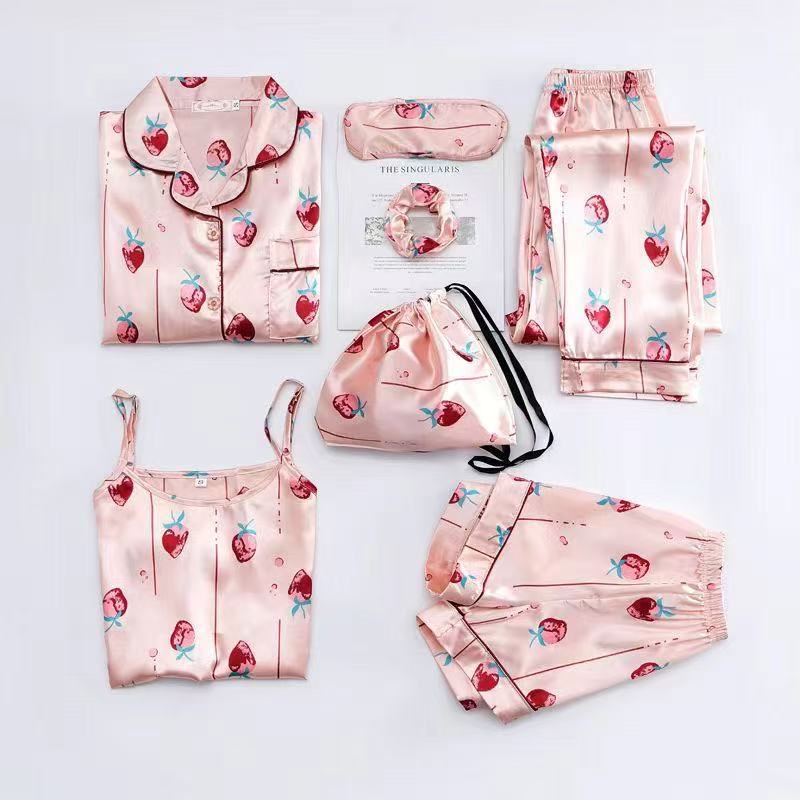 7-Piece Silk Pyjama Set for Women | Satin Sleepwear with Eye Mask and Storage Bag - Cynette LivingLoungewears & Pyjamas