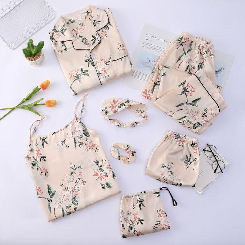 7-Piece Silk Pyjama Set for Women | Satin Sleepwear with Eye Mask and Storage Bag - Cynette LivingLoungewears & Pyjamas